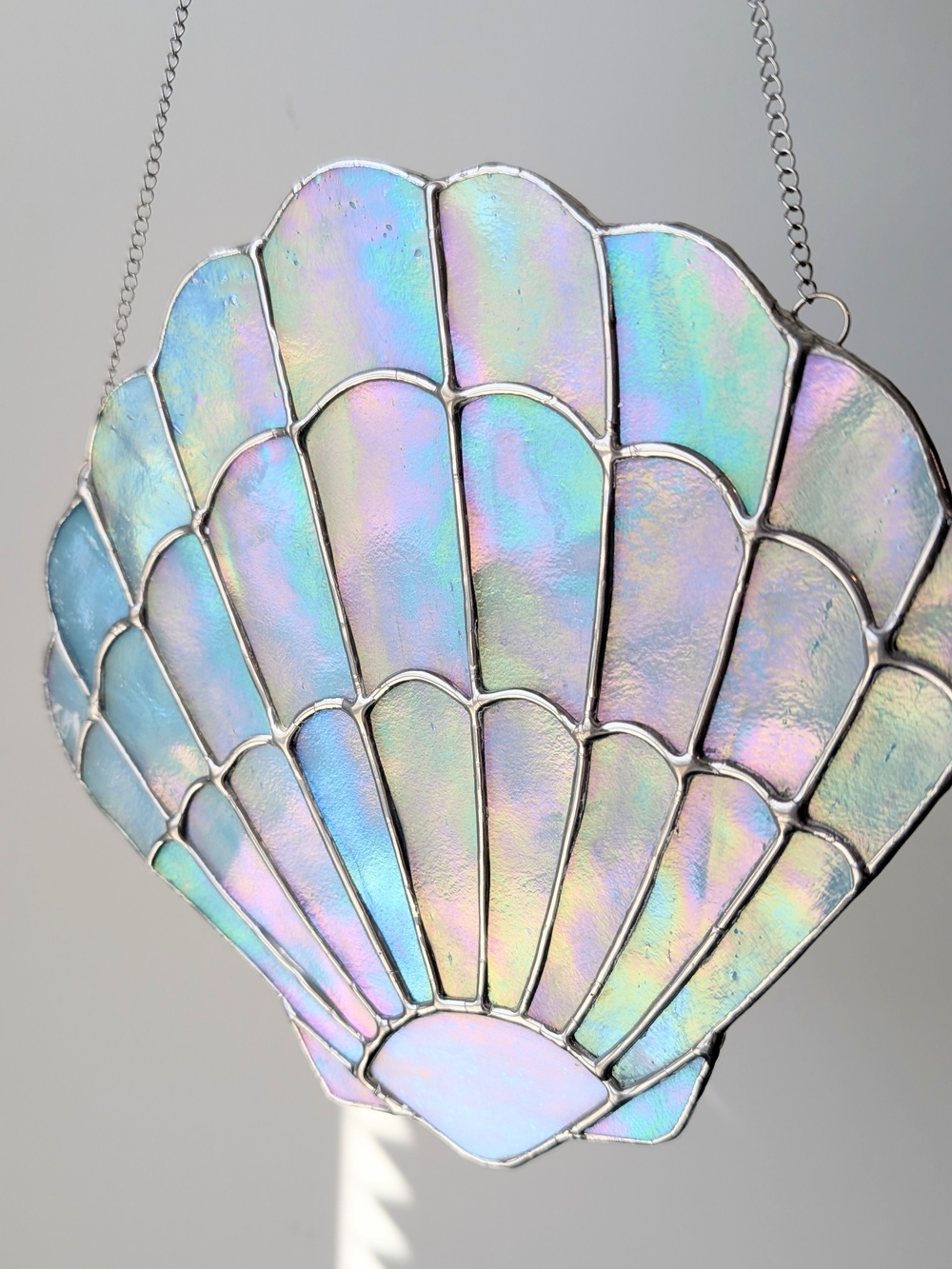 Iridescent Blue Stained Glass Seashell Window Coastal Suncatcher